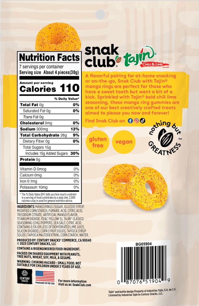 Snak Club Tajin Mango Rings Candy - 7oz
